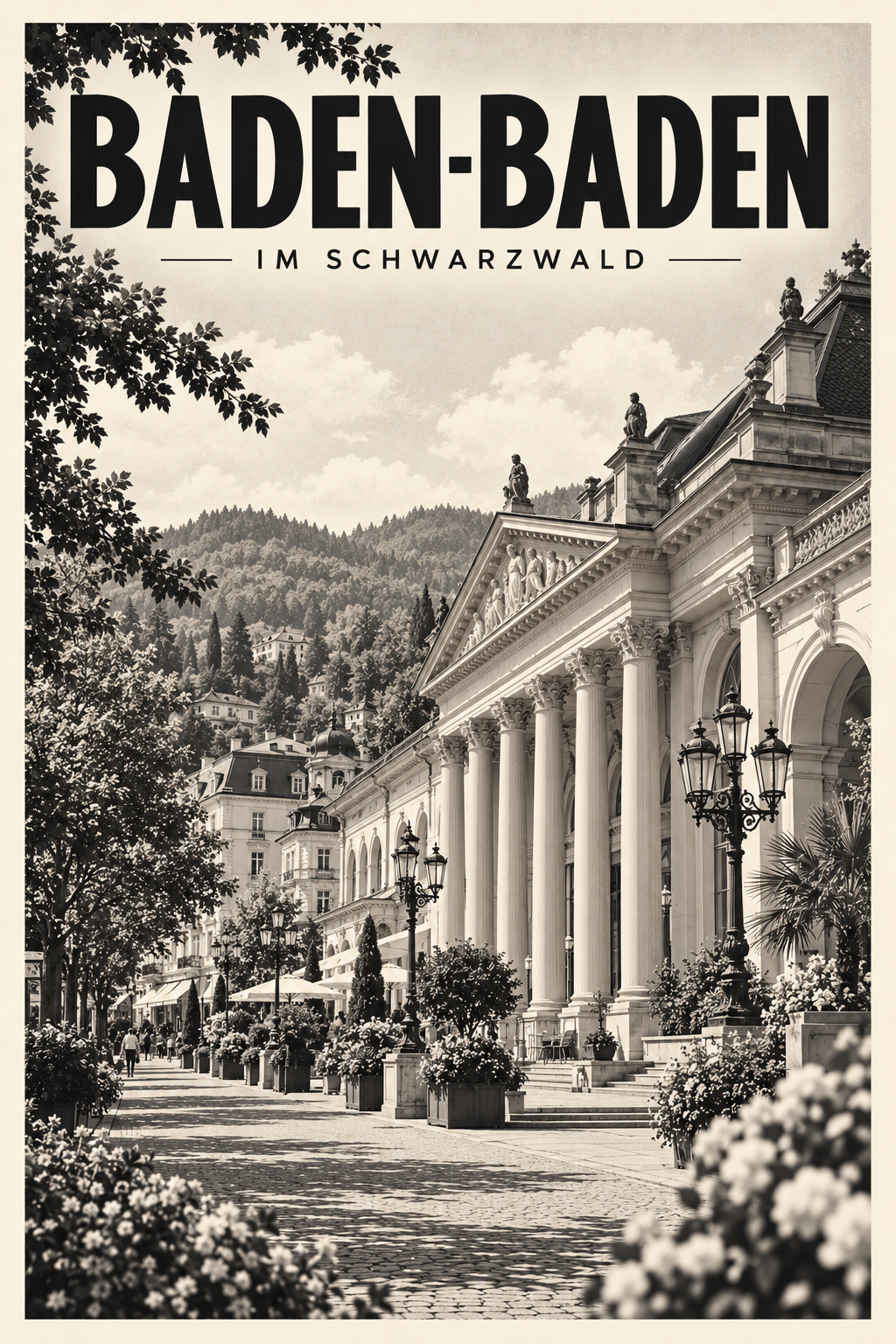 Baden-Baden als monochromes Fine Art Poster mit klassischer Architektur und Schwarzwaldkulisse