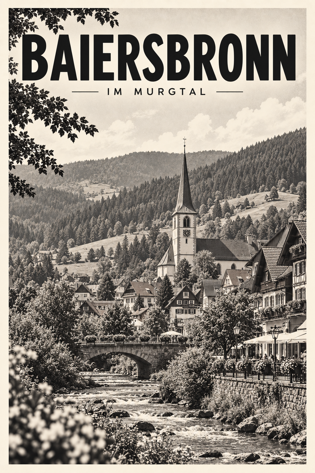 Baiersbronn im Murgtal als monochromes Fine Art Poster mit Fluss, Brücke und Schwarzwaldhängen