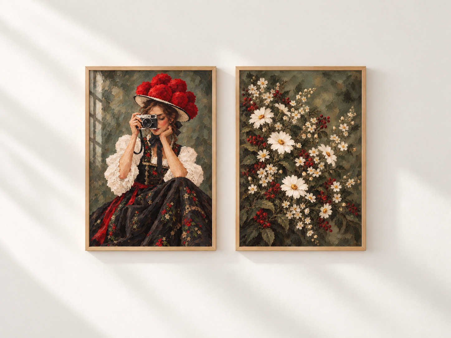 Bollenhut-Fotografin und Margeriten Fine Art Poster-Paar in hellen Holzrahmen – Schwarzwald Kollektion