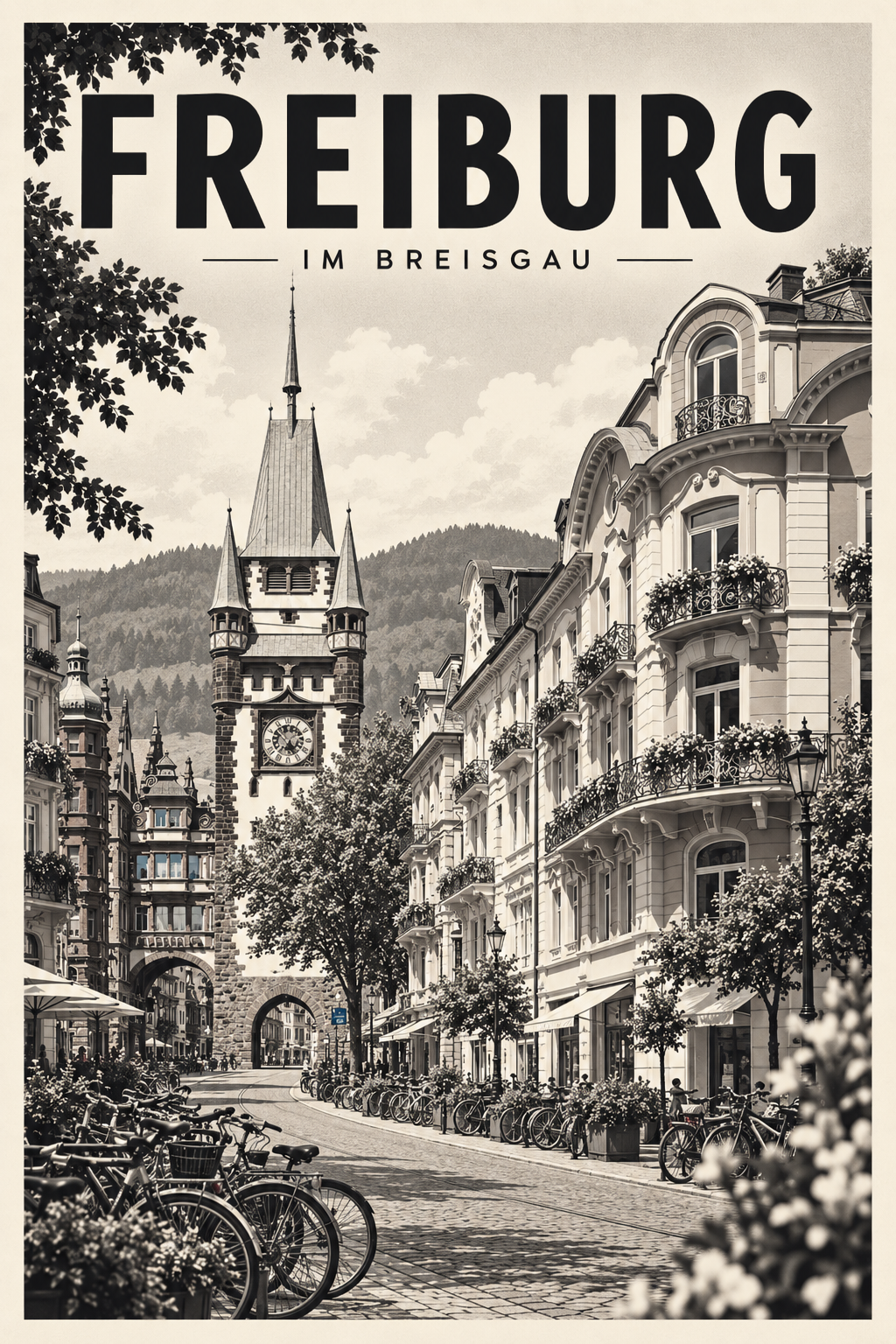 Freiburg im Breisgau als monochromes Fine Art Poster mit Stadttor und Altstadt