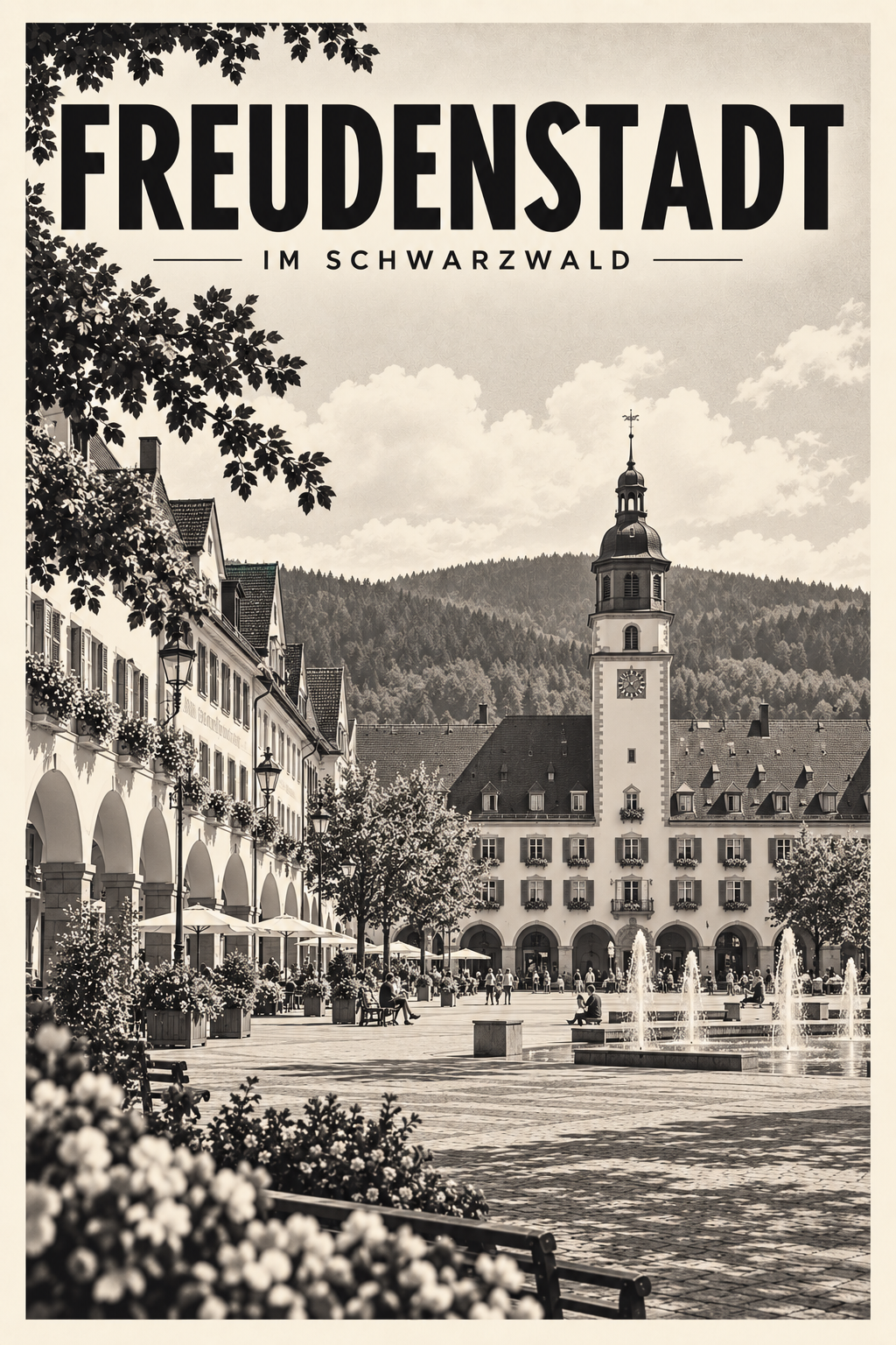 Freudenstadt als monochromes Fine Art Poster mit Platz, Brunnen und Schwarzwaldkulisse