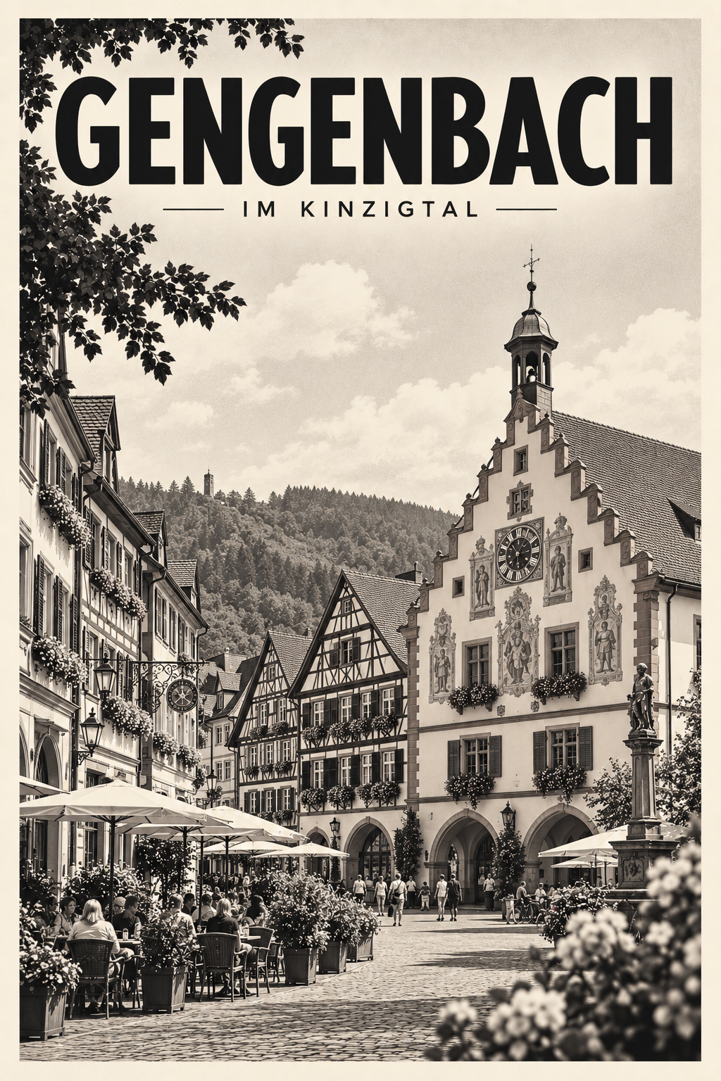Gengenbach im Kinzigtal als monochromes Fine Art Poster mit Fachwerk und Rathaus