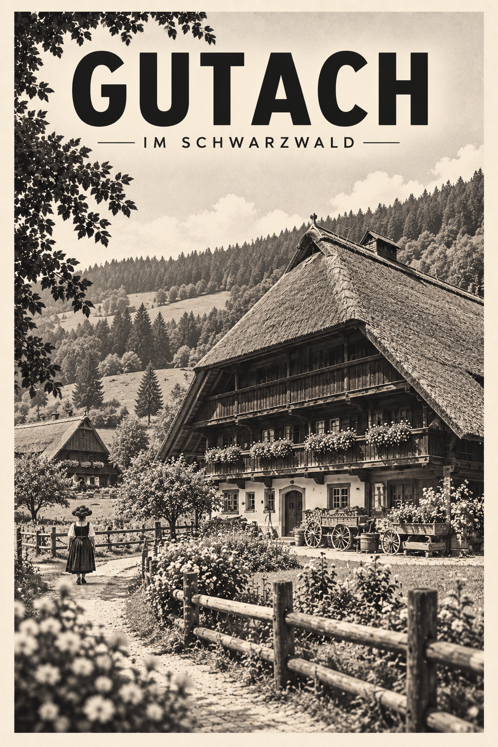 Gutach im Schwarzwald als monochromes Fine Art Poster mit Schwarzwaldhaus und Landschaft
