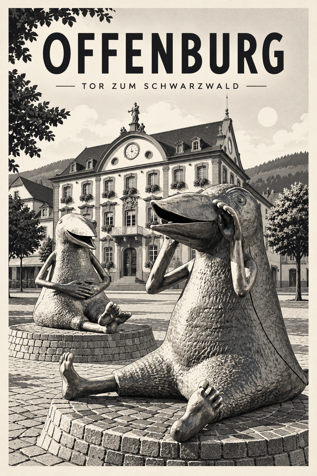 Offenburg – Tor zum Schwarzwald als monochromes Fine Art Poster mit Rathausplatz und Skulpturen