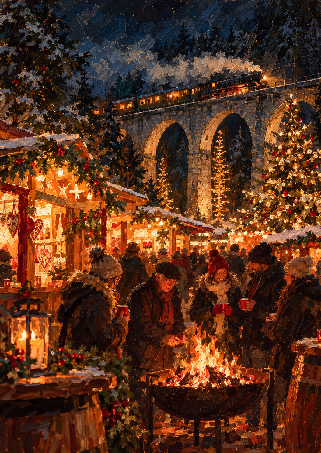 Winterlicher Weihnachtsmarkt in der Ravennaschlucht unter dem beleuchteten Viadukt als digitales Poster