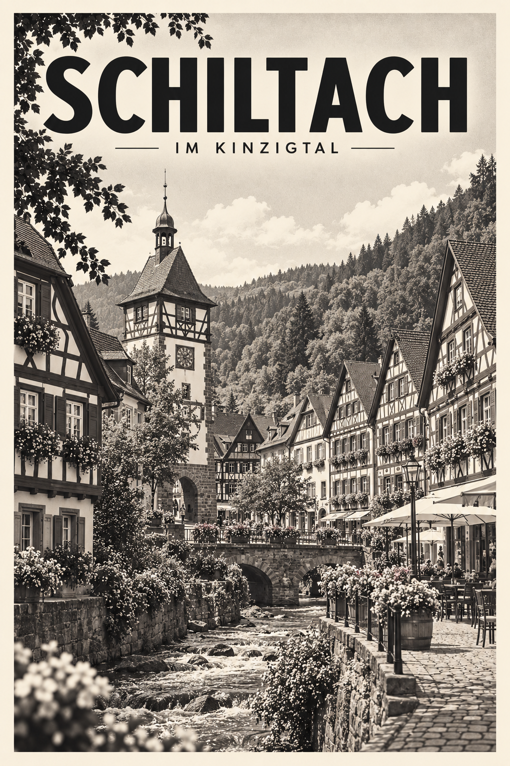 Schiltach im Kinzigtal als monochromes Fine Art Poster mit Fachwerk, Brücke und Fluss
