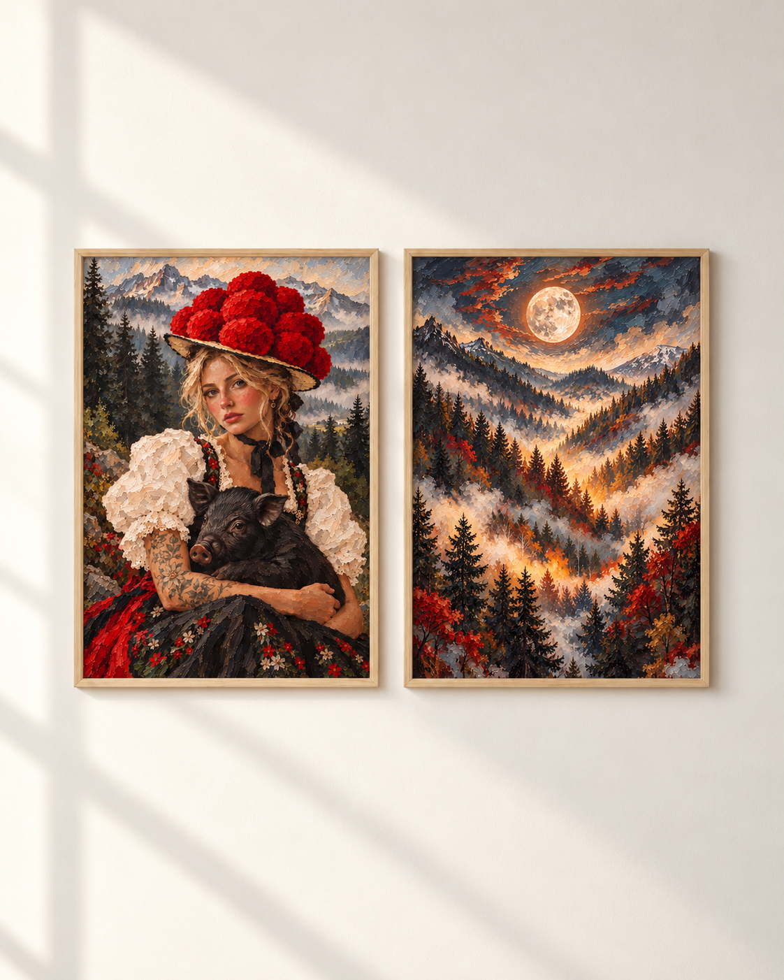 Bollenhut & Wildschwein mit Vollmond – Poster-Paar mit beiden Motiven im hellen Holzrahmen an einer weißen Wand
