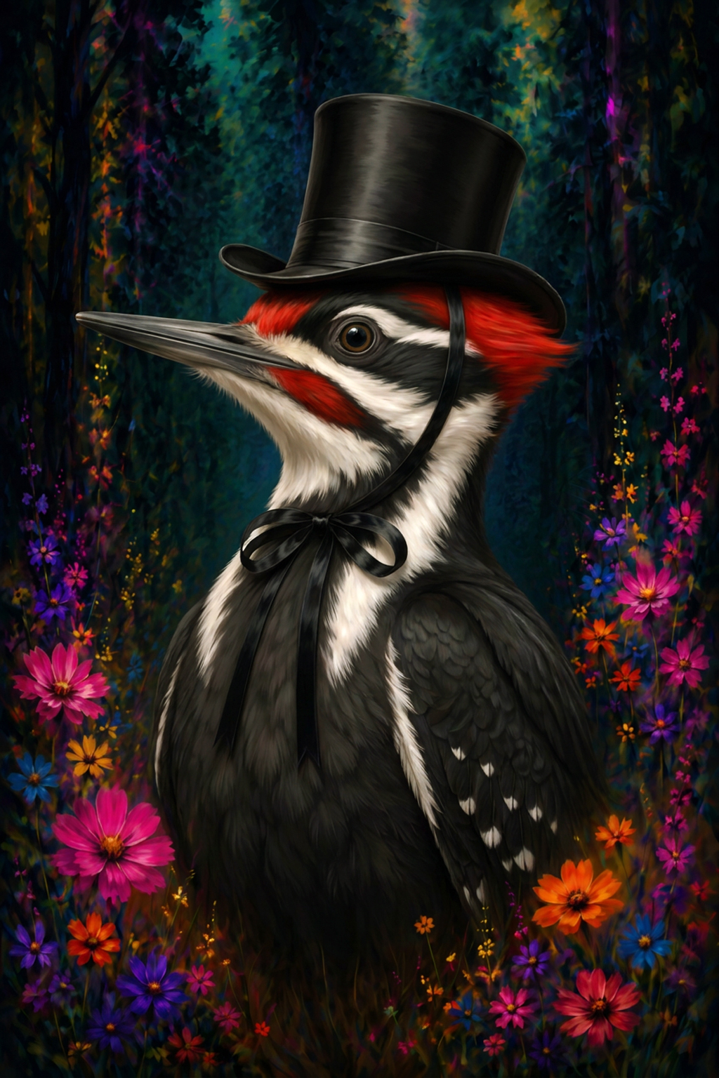 Buntspecht-Herr mit Zylinder als originaler Fine Art Print