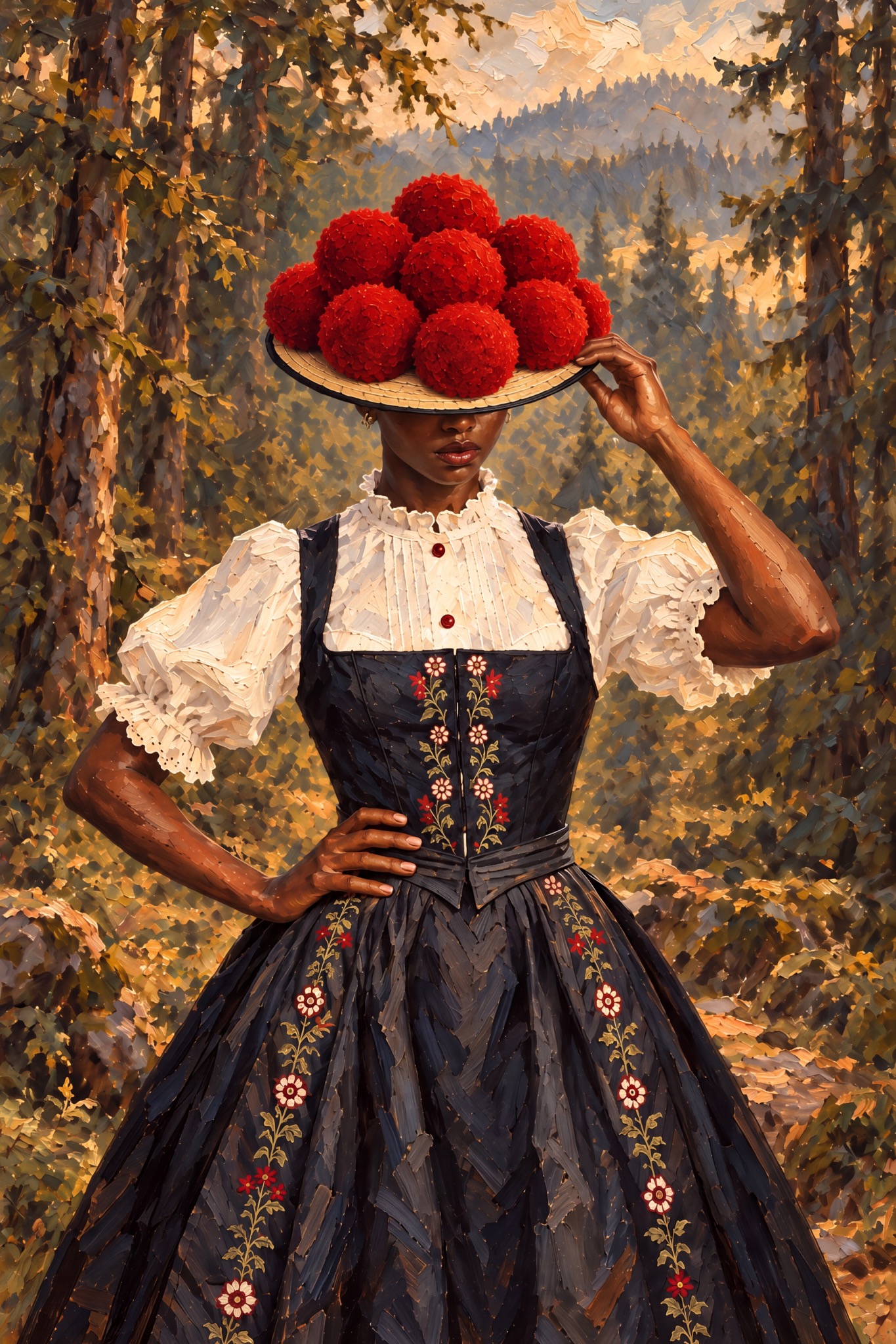 Frau mit Bollenhut im Herbstwald als originaler Fine Art Print