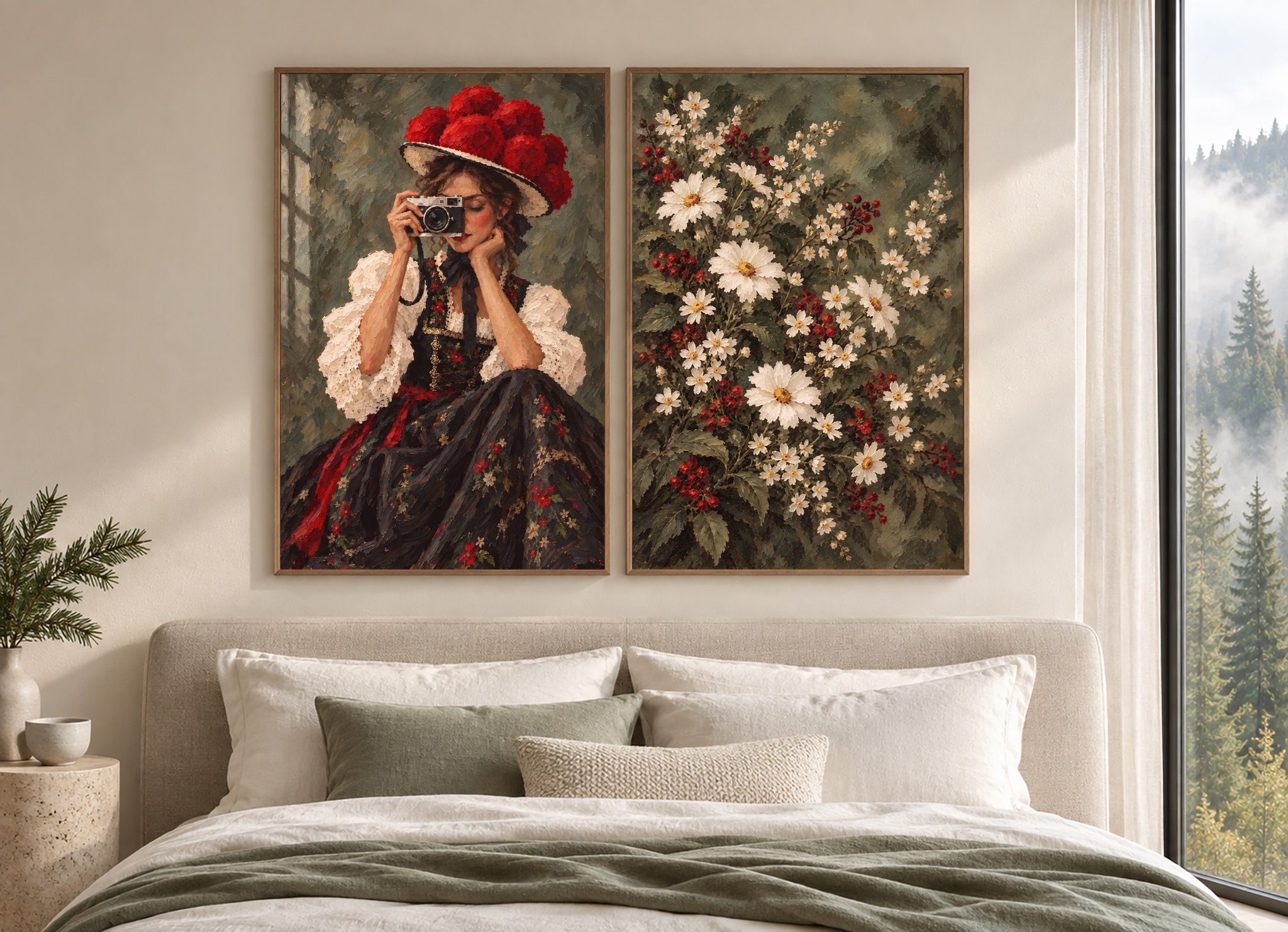 Schwarzwald Frau mit Bollenhut und Kamera vor einem Blumenposter in Baden-Württemberg