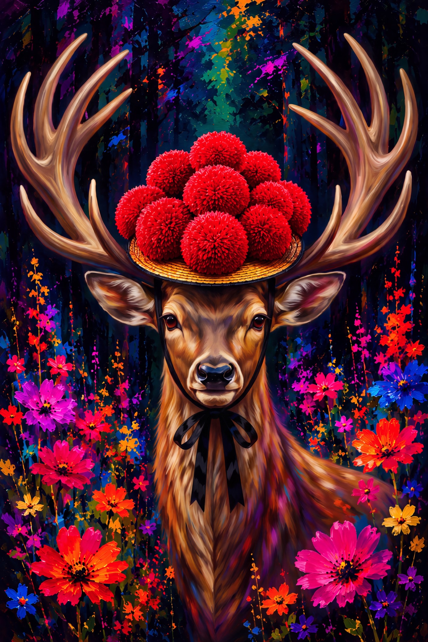 Hirsch-Dame mit Bollenhut als originaler Fine Art Print
