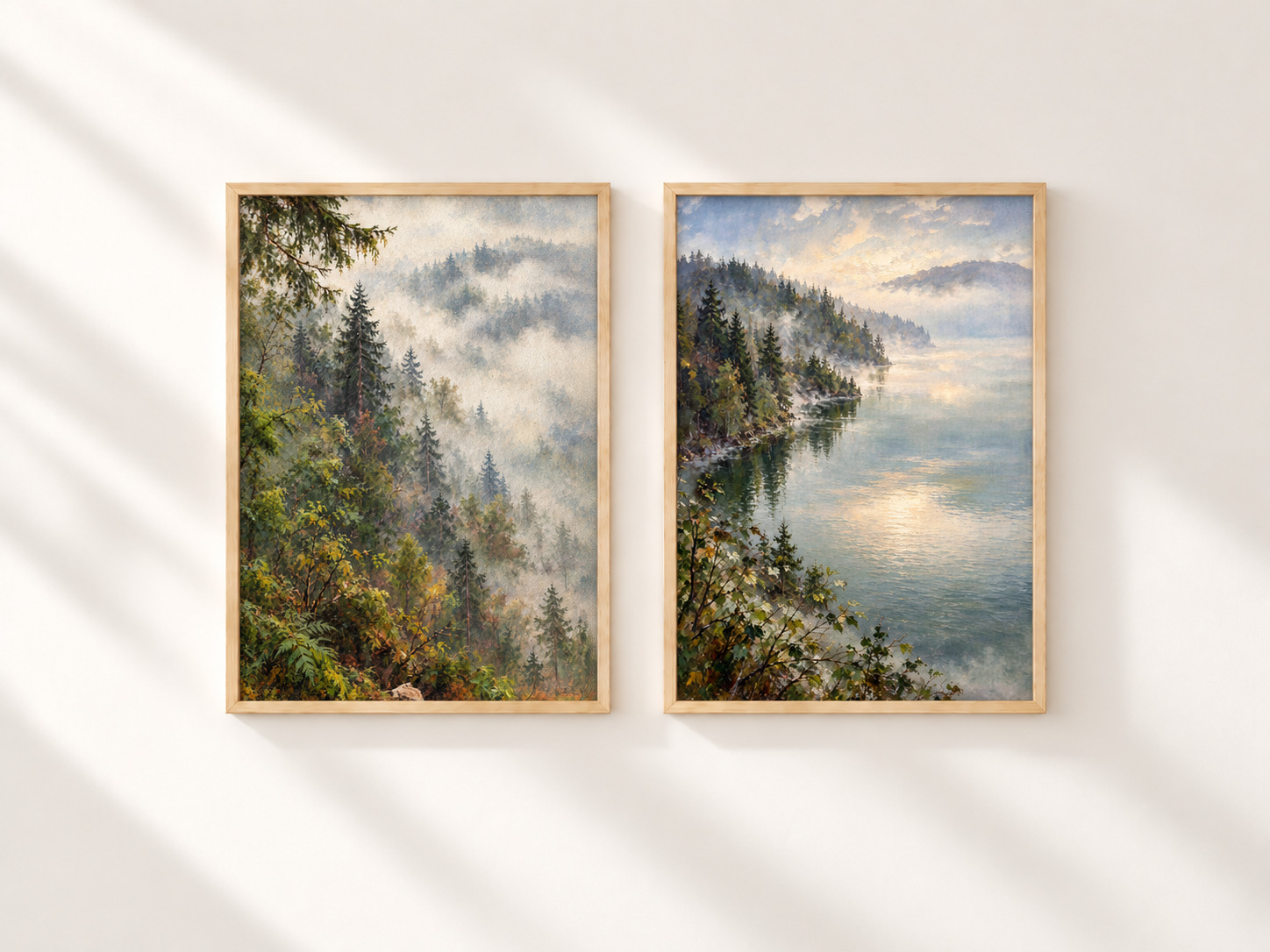 Nebelwald und Seeufer Fine Art Poster-Paar in hellen Holzrahmen – Schwarzwald Landschaften