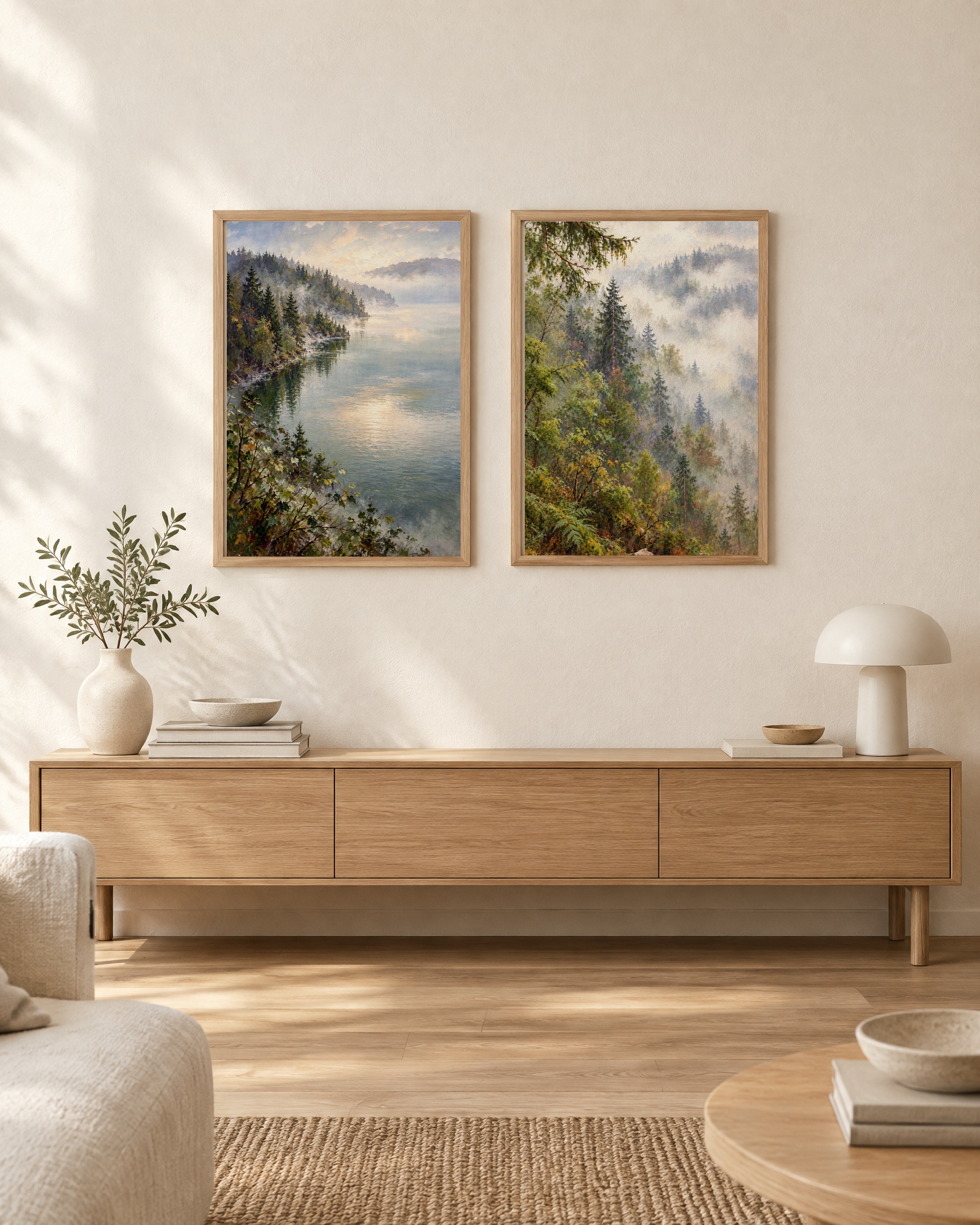 Seeufer & Nebelwald – Poster-Paar mit beiden Motiven im hellen Holzrahmen an einer weißen Wand