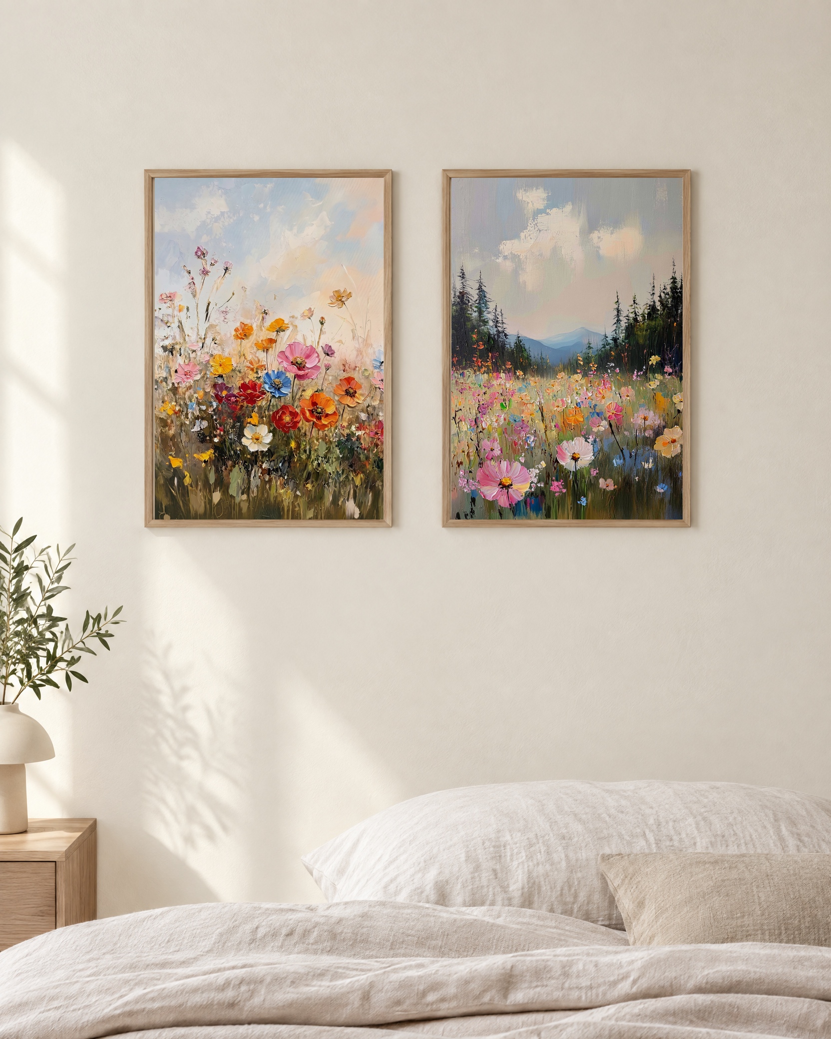 Sommerblumen & Blumenwiese – Poster-Paar mit beiden Motiven im hellen Holzrahmen an einer weißen Wand