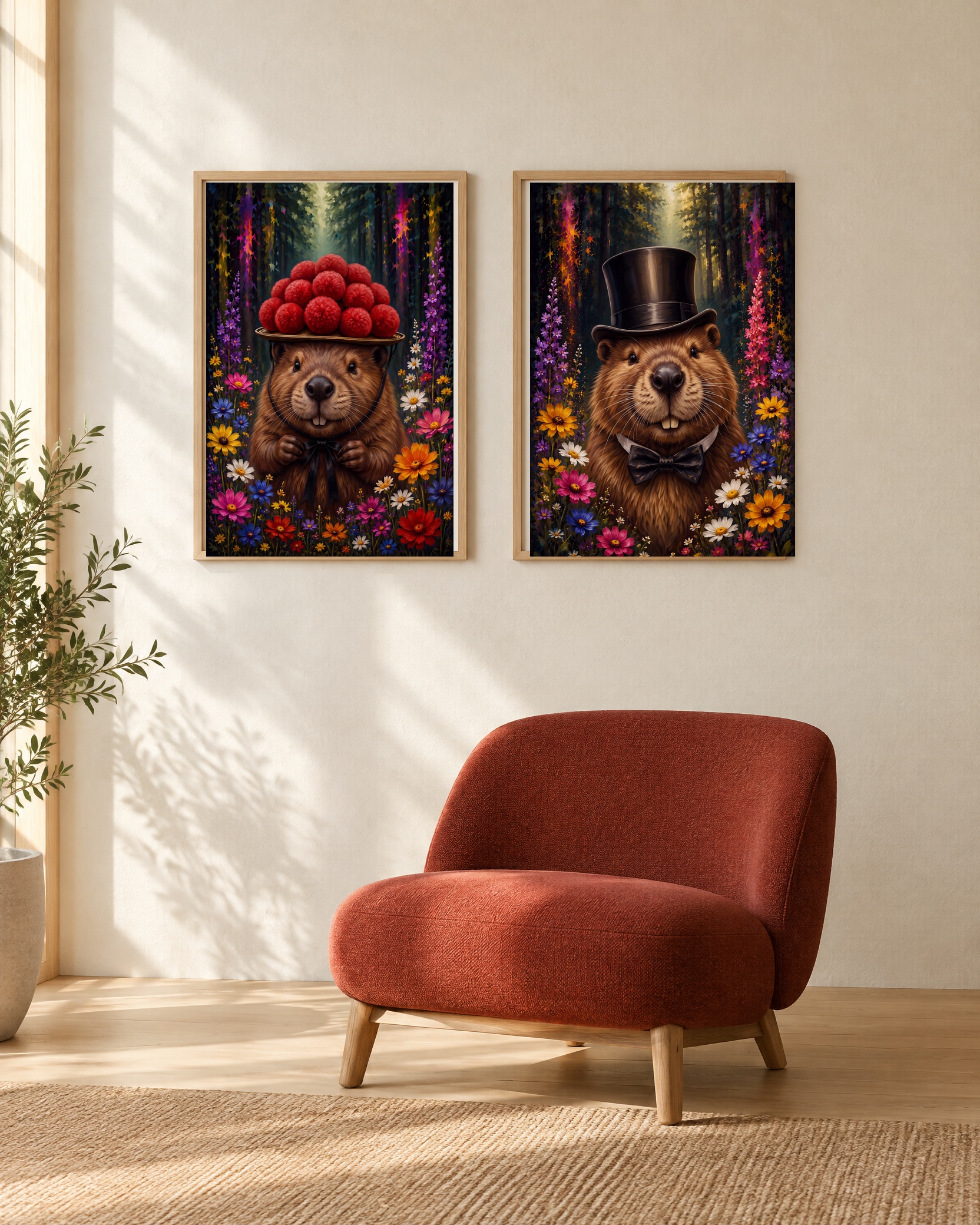 Biber – Poster-Paar mit beiden Motiven im hellen Holzrahmen an einer weißen Wand