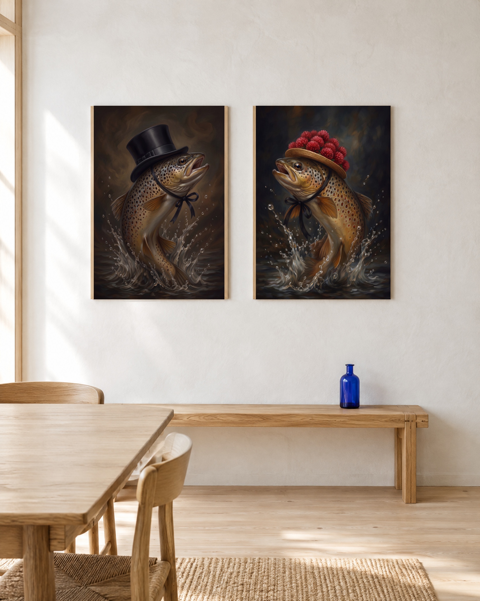 Forelle – Poster-Paar im hellen Holzrahmen: Herr links und Dame rechts, damit sich beide Forellen ansehen