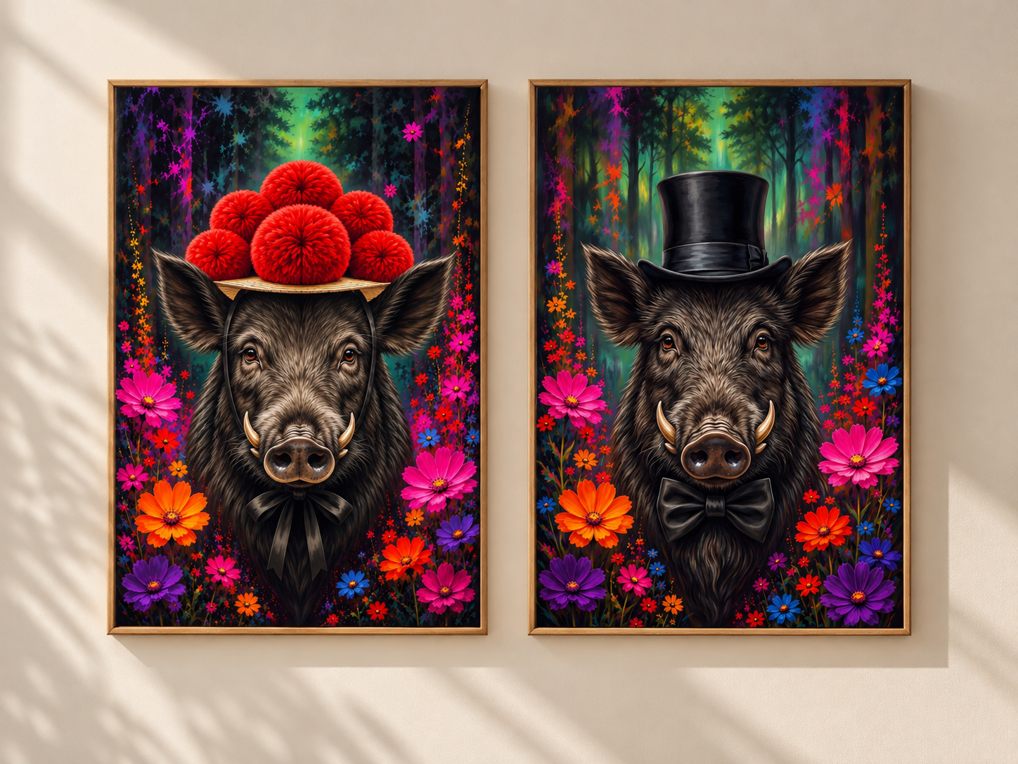 Schwarzwald Wildschwein Poster-Paar mit Bollenhut und Zylinder in hellen Holzrahmen – Schwarzwald Tiere