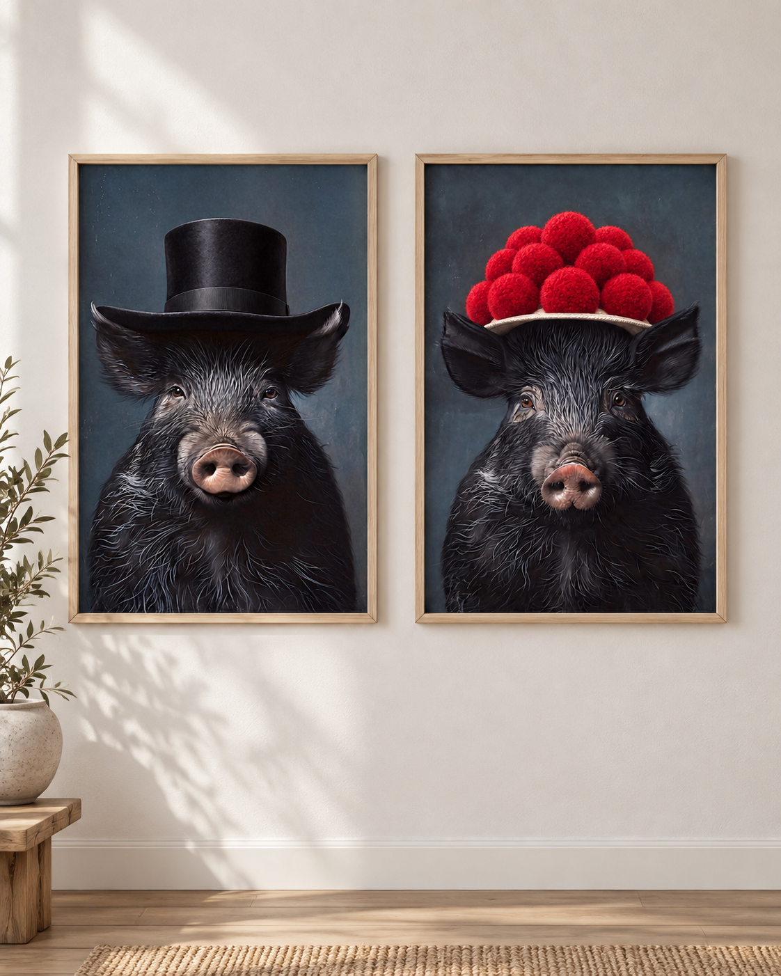 Wildschwein Poster-Paar mit Bollenhut und Zylinder der dunklen Bestseller-Edition in zwei hellen Holzrahmen an einer weißen Wohnwand