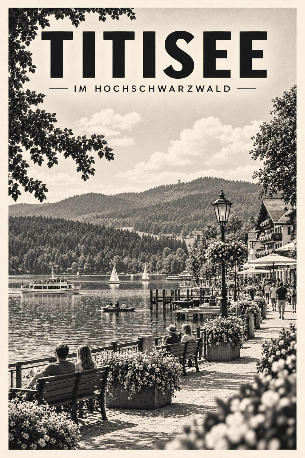 Titisee im Hochschwarzwald als monochromes Fine Art Poster mit See, Booten und Uferpromenade