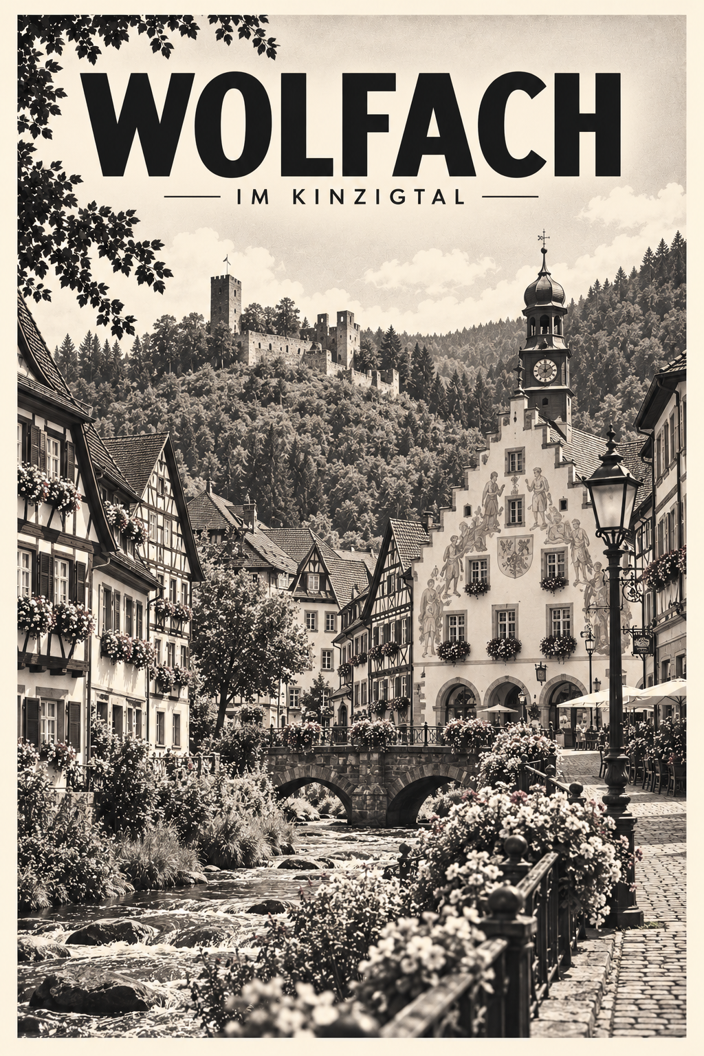 Wolfach im Kinzigtal als monochromes Fine Art Poster mit Fachwerk, Kinzig und Burgblick